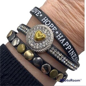 Love, Hope, Happiness Black Criss Cross Bracelet Sparkle Gold Heart Snap! NWT